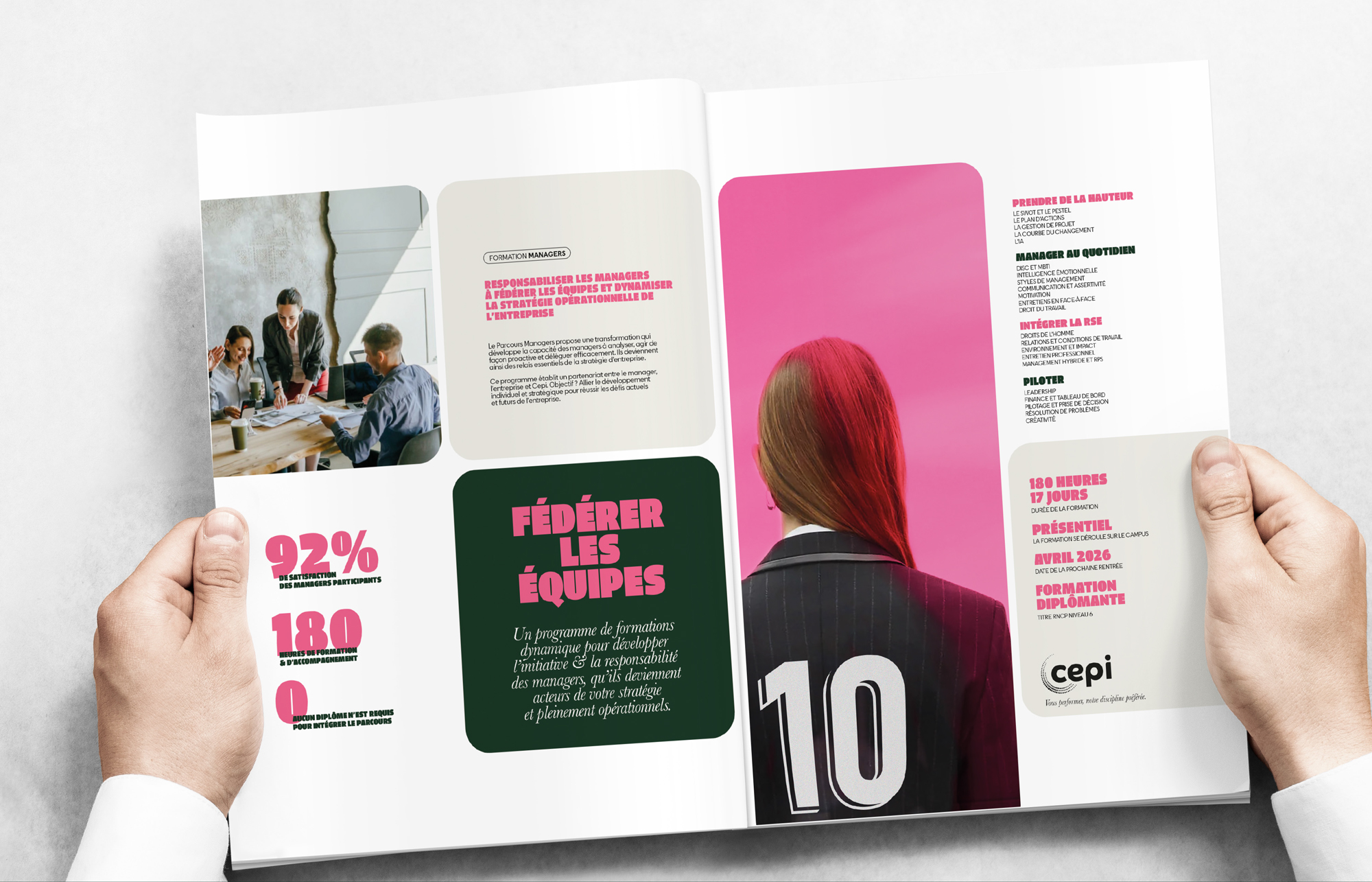 CEPI vous performer, notre discipline préférée. Double page Fédérer les équipes. Plateforme de marque Identité visuelle Design graphique Direction Artistique Conception rédaction Création Little Big Idea