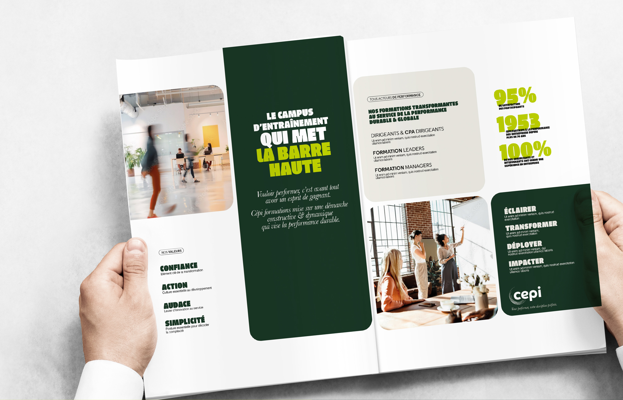 CEPI vous performer, notre discipline préférée. Double page intérieure. Plateforme de marque Identité visuelle Design graphique. Direction Artistique Conception rédaction Création Little Big Idea