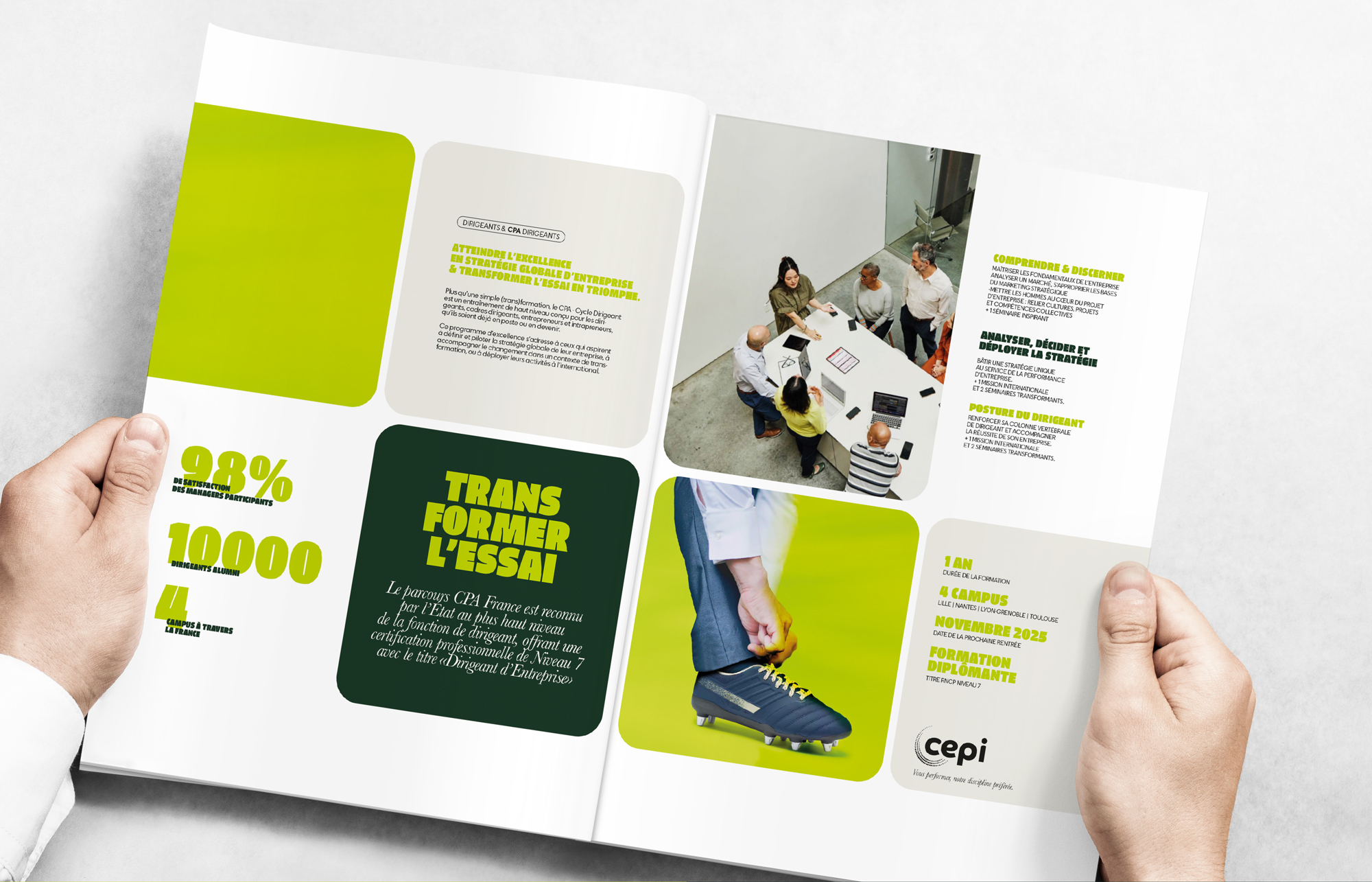 CEPI vous performer, notre discipline préférée. Double page intérieure transformer l'essai. Plateforme de marque Identité visuelle Design graphique. Direction Artistique Conception rédaction Création Little Big Idea