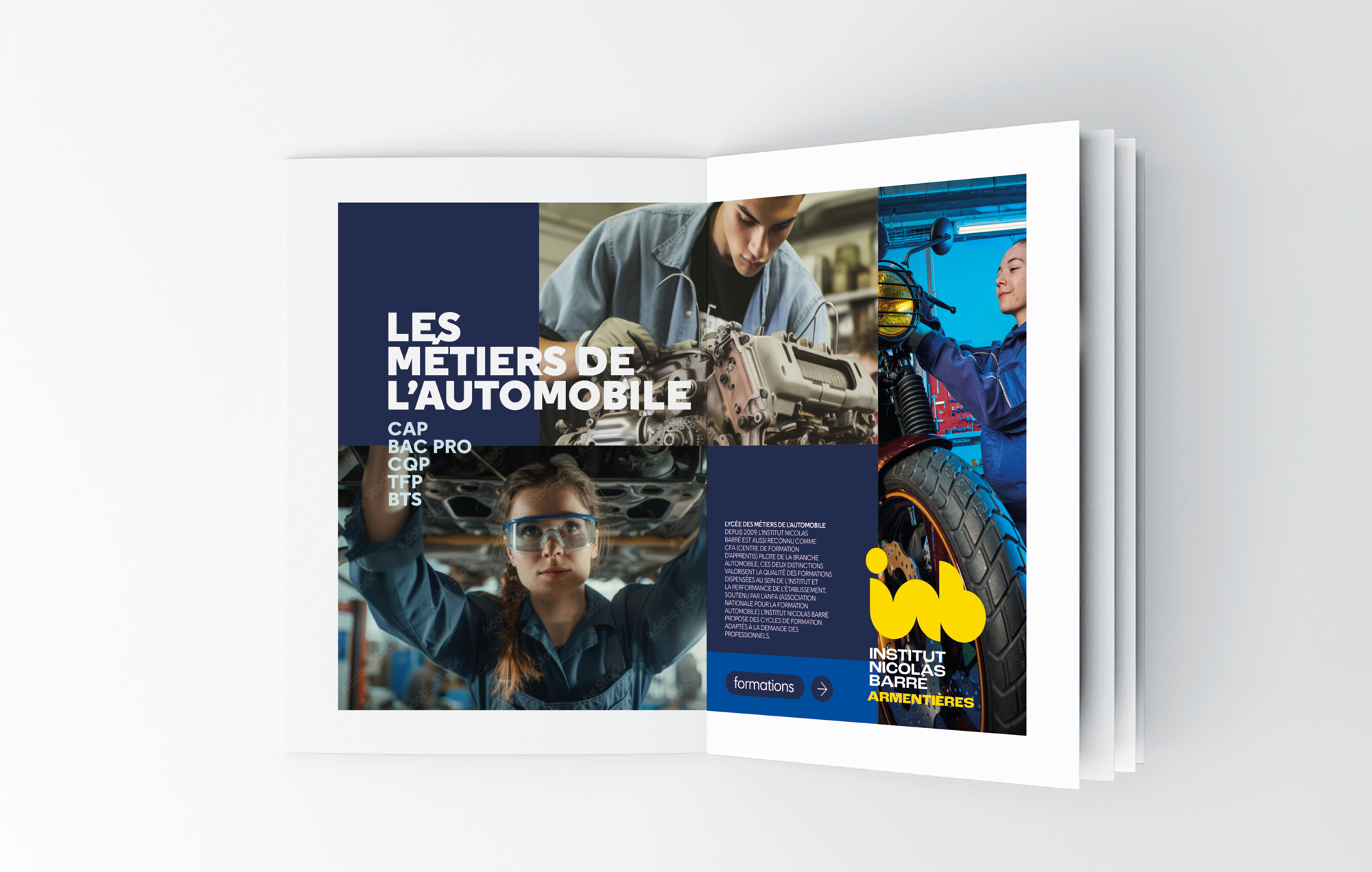 Institut Nicolas Barré Armentières double page intérieure les métiers de l'automobile CAP BAC PRO CQP TFP BTS brochure formations Identité visuelle Design graphique Direction Artistique Création Little Big Idea