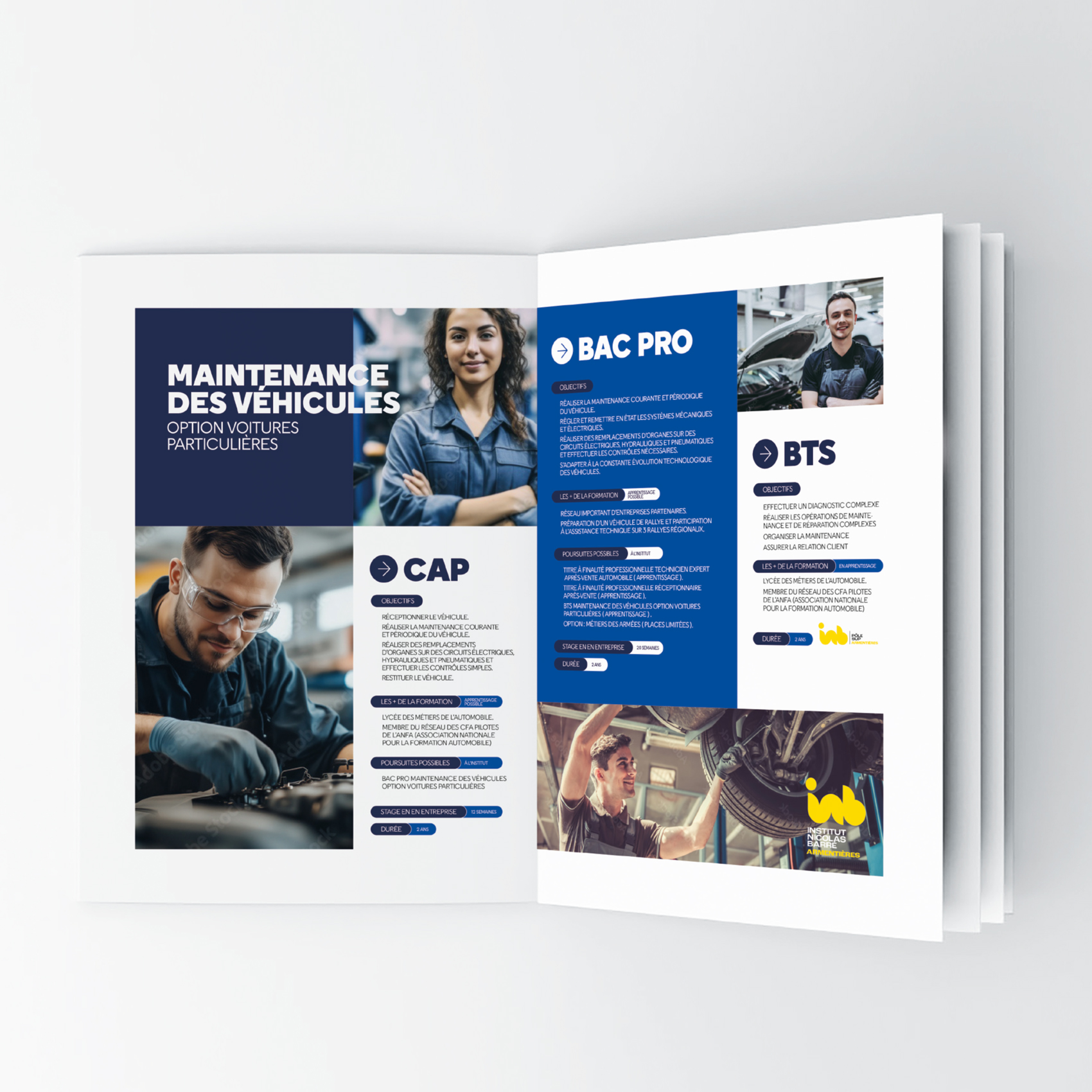 Institut Nicolas Barré Armentières double page intérieure maintenance des véhicules CAP BAC PRO BTS brochure formations Identité visuelle Design graphique Direction Artistique Création Little Big Idea