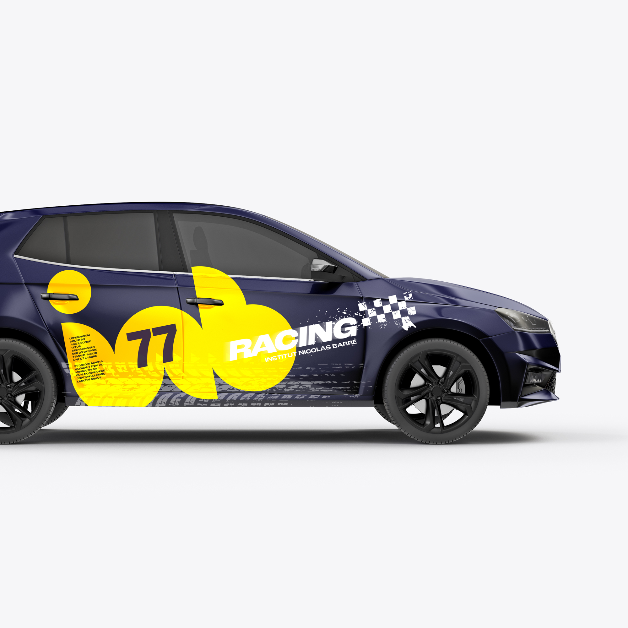 Institut Nicolas Barré Armentières voiture de course de profil INB Racing fond bleu Création Little Big Idea
