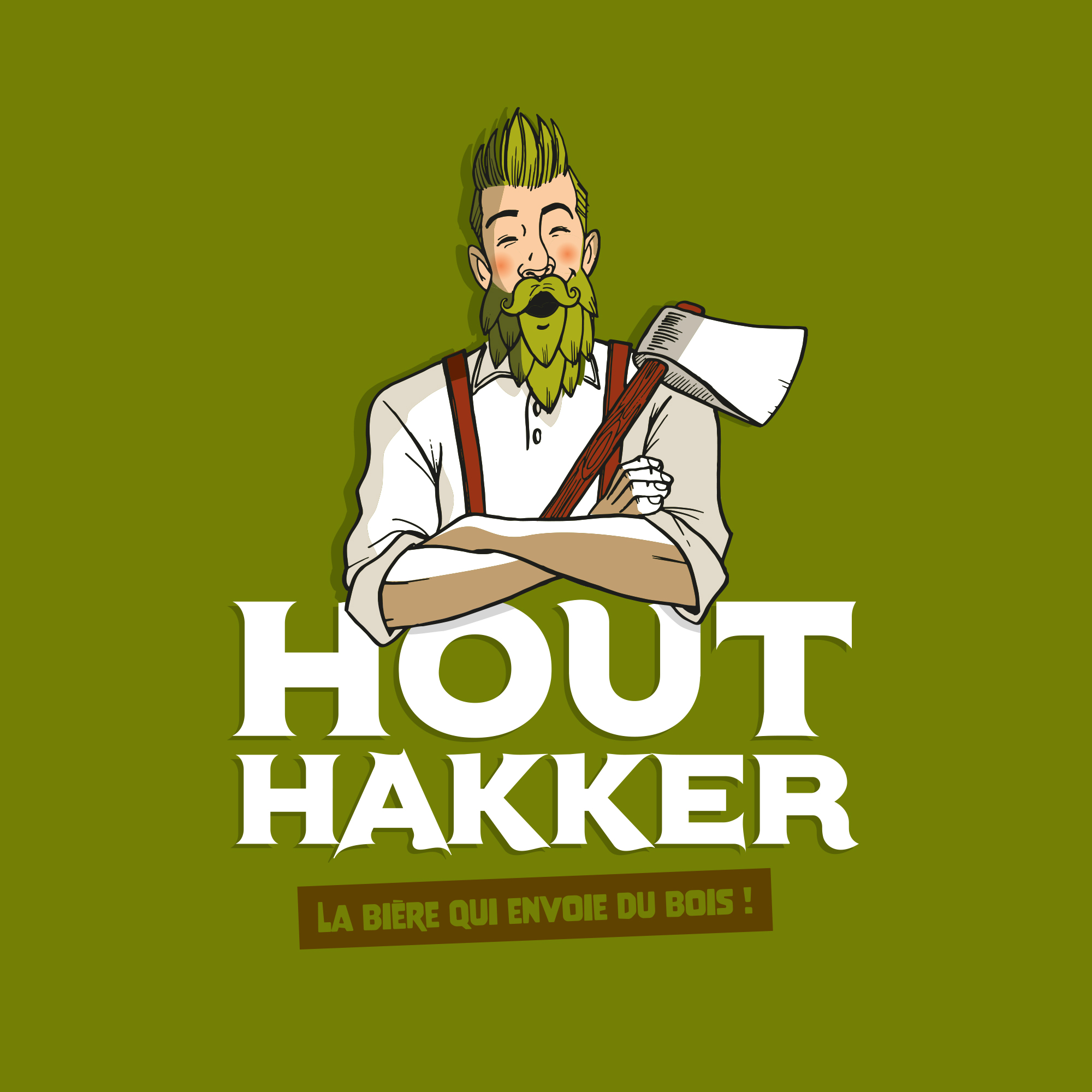 Logo Houthakker. Les bières qui envoient du bois. Fond vert Piet Houthakker