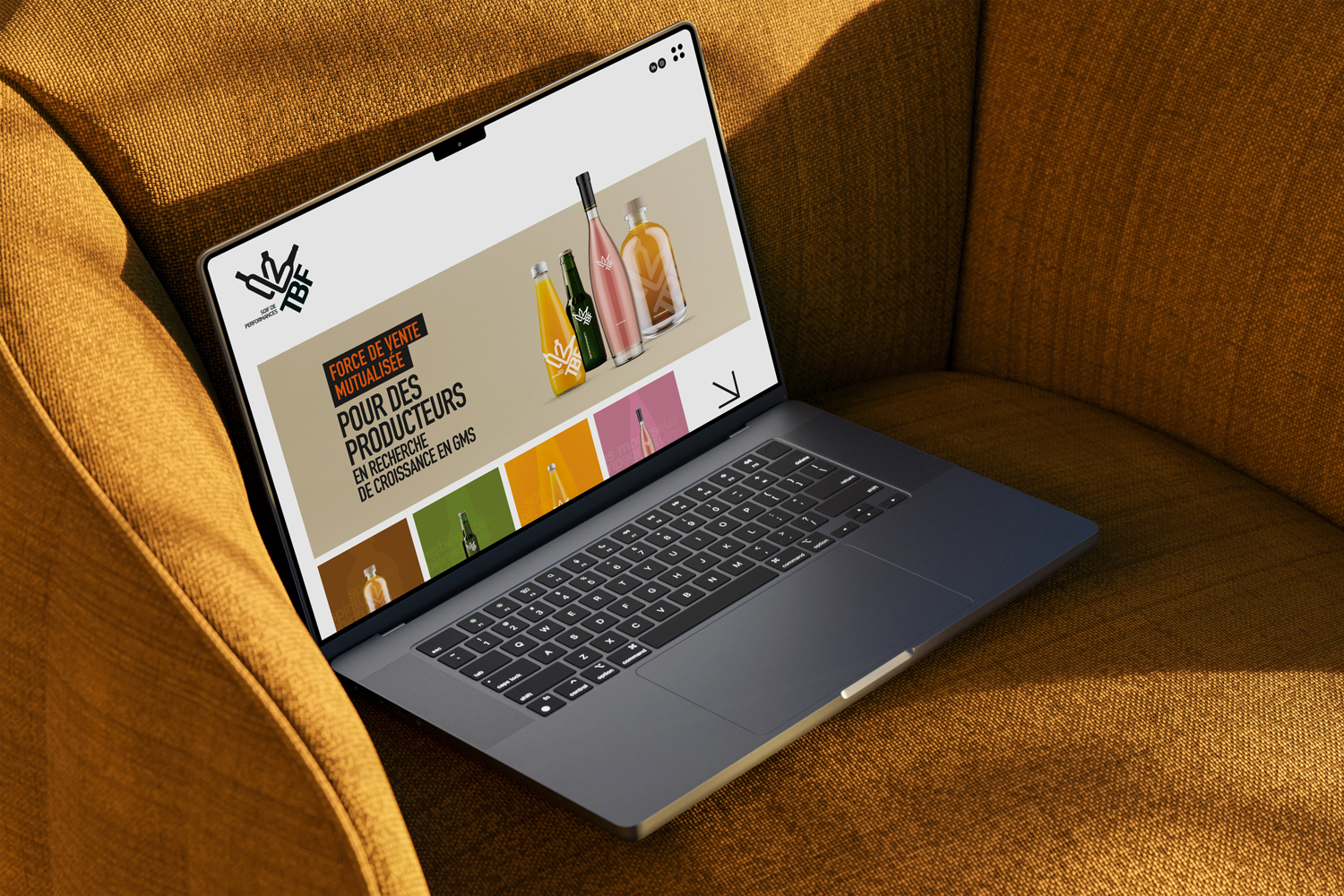 The beverages Family site internet web design home page canapé ordinateur portable softs drinks rosé spiritueux bières sur fond beige Force de vente mutualisée pour les distributeurs de boissons Little Big Idea